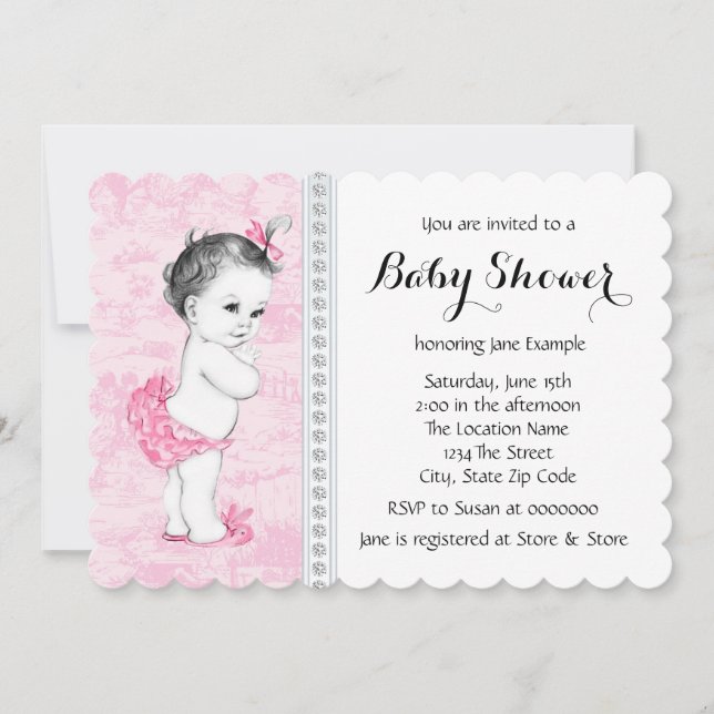 Pink Toile Babydusche Einladung (Vorderseite)