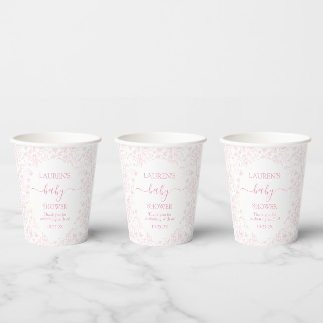 Pink Toile Bear Baby Shower Girl Pappbecher (Multi)