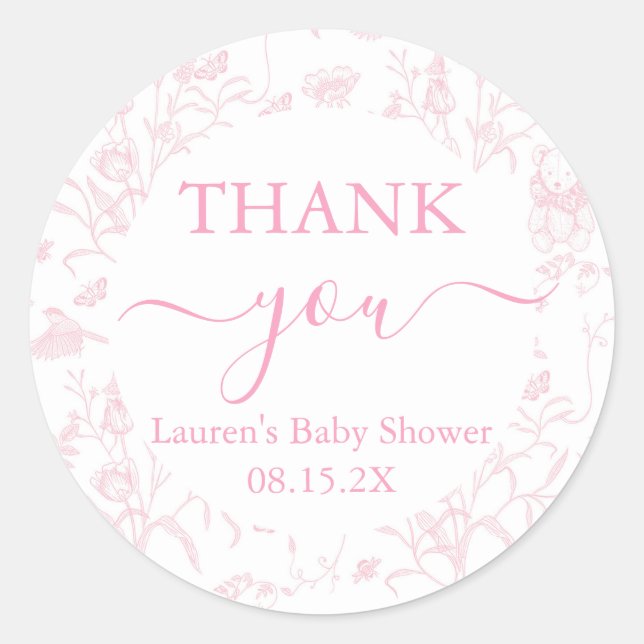 Pink Toile Bear Baby Shower Girl Runder Aufkleber (Vorderseite)