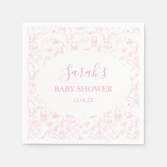 Pink Toile Bear Baby Shower Girl Serviette (Vorderseite)