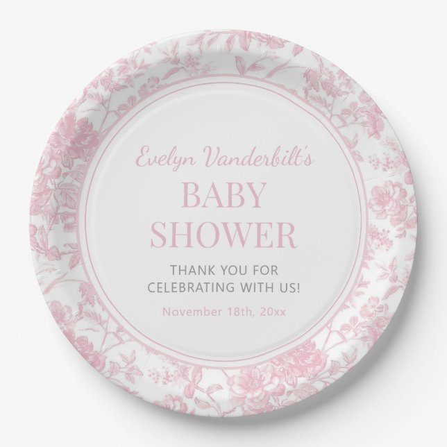 Pink Toile Chinoiserie Floral Baby Dusche Pappteller (Vorderseite)