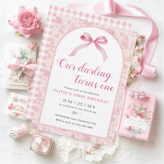 Pink Toile Coquette Bow 1. Geburtstagskarte Einladung