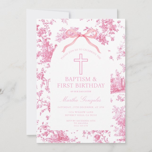 Pink Toile de Jouy Baptism & First Birthday Bow  Einladung (Vorderseite)