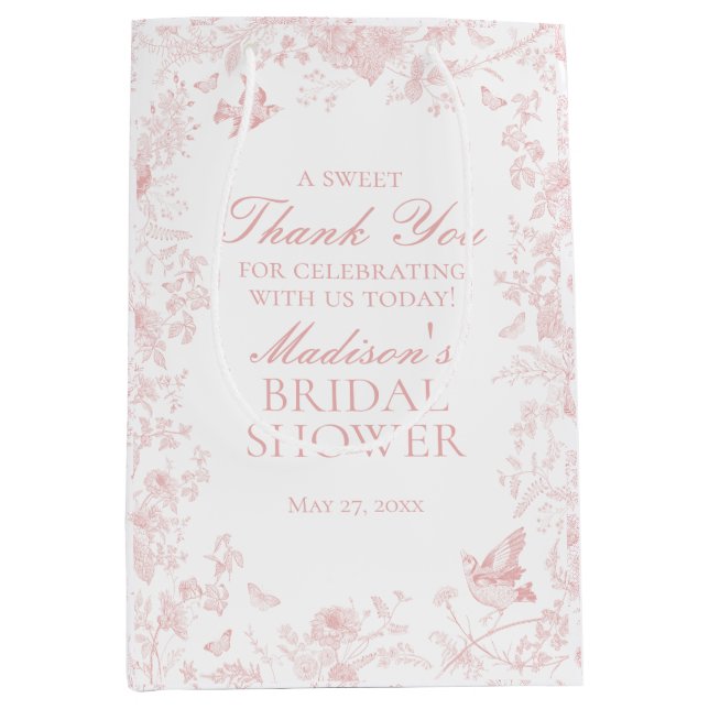 Pink Toile De Jouy Brautparty Favoriten Mittlere Geschenktüte (Vorderseite)