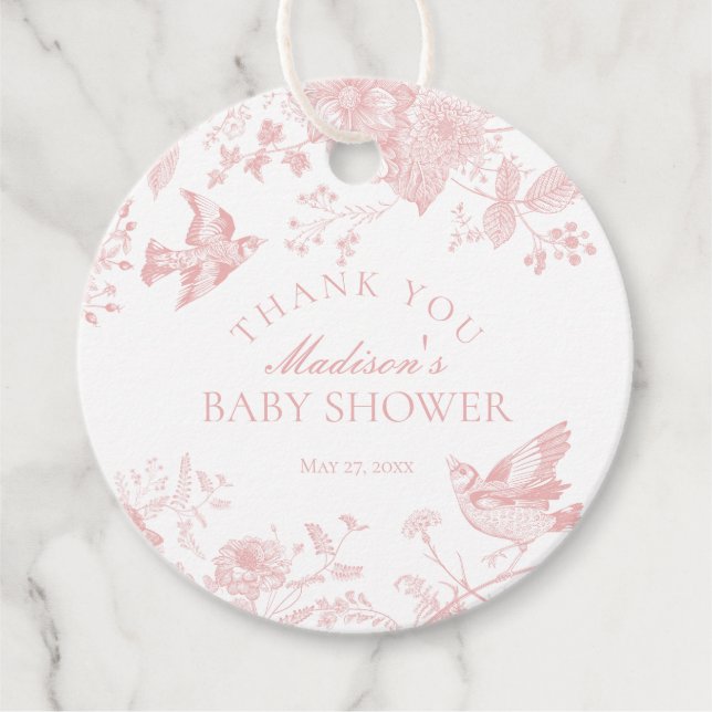 Pink Toile De Jouy Floral Baby Dusche Gefallen Geschenkanhänger (Vorderseite)