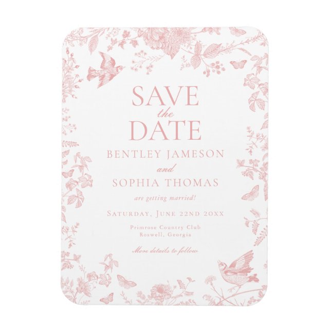 Pink Toile De Jouy Französisch Floral Save the Dat Magnet (Vertikal)