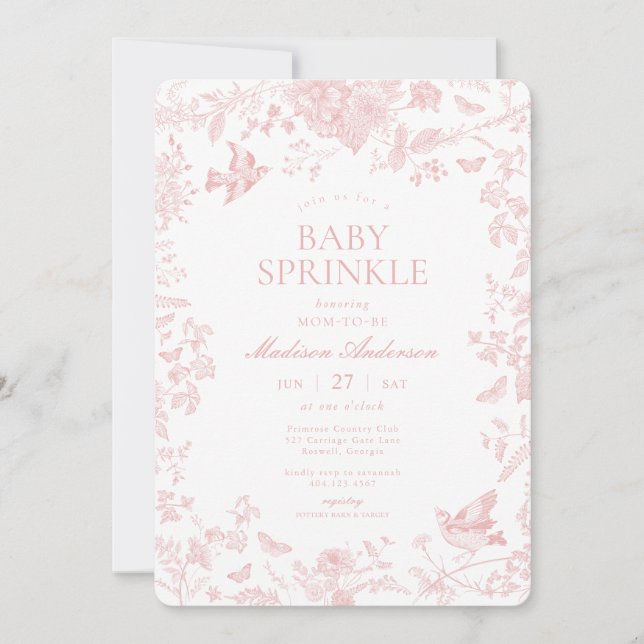 Pink Toile De Jouy French Floral Baby Sprinkle Einladung (Vorderseite)