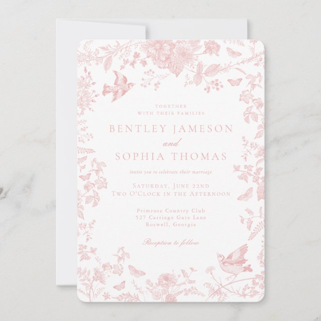 Pink Toile De Jouy French Floral Wedding Einladung (Vorderseite)