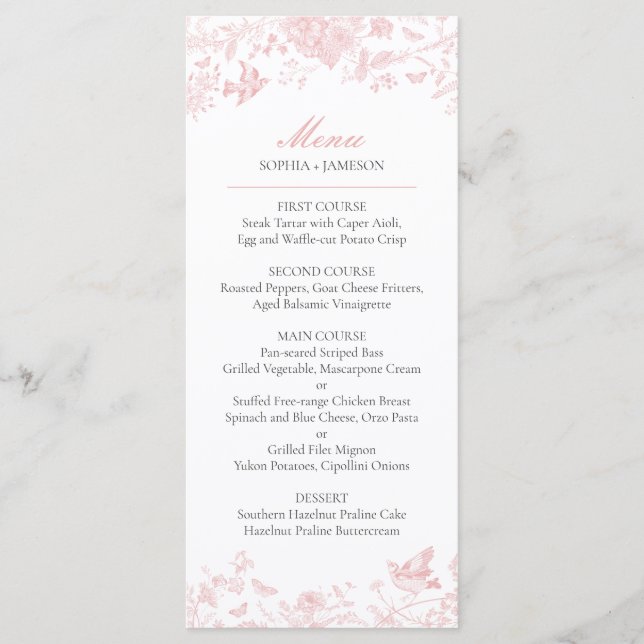 Pink Toile de Jouy Wedding Menu Menükarte (Vorderseite)