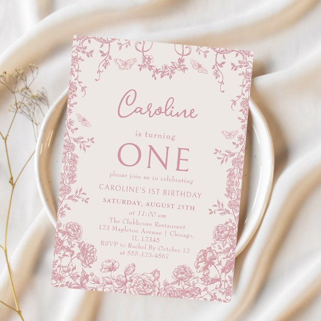 Pink Toile Floral Chinoiserie 1. Geburtstag Einladung (Von Creator hochgeladen)
