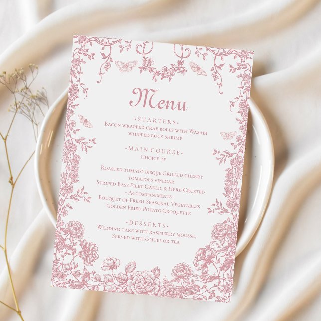 Pink Toile Floral Chinoiserie Menu Mariage (Créateur téléchargé)