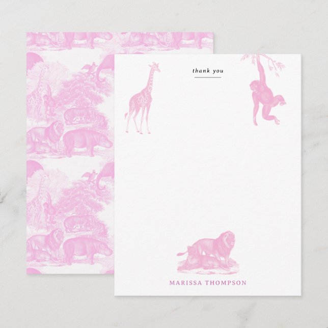 Pink Toile Jungle Animes Safari Chinoiserie Dankeskarte (Vorne/Hinten)