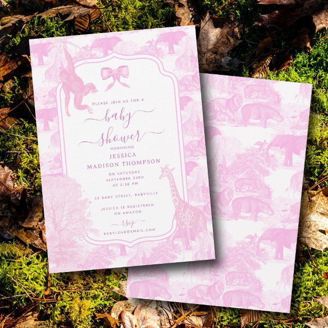 Pink Toile Safari Tiere Chinoiserie Kinderdusche Einladung (Pink Toile Safari Animals Chinoiserie Baby Shower Invitation)