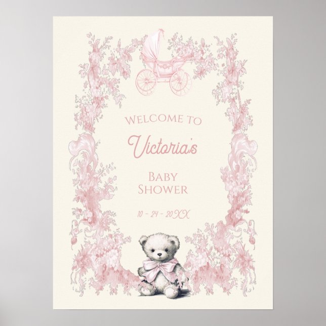 Pink Toile Teddy Bear Baby Dusche Begrüßungszeiche Poster (Vorne)