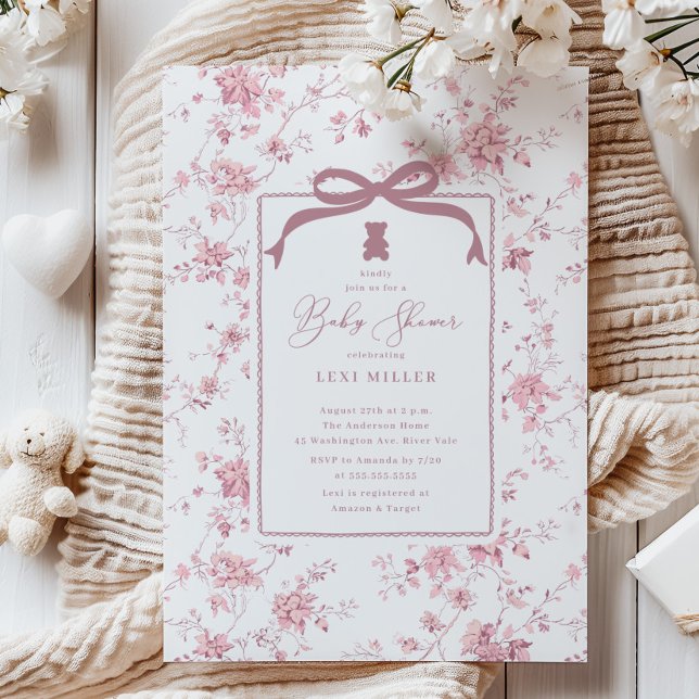 Pink Toile Teddy Bear Babydusche Einladung (Von Creator hochgeladen)