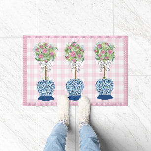 Pink Topiary Blue Rose Ginger Jar Doormat Rug Fußmatte