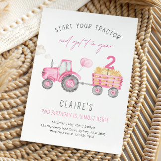 Pink Tractor & Balloons Girl Farm Birthday Party Einladung