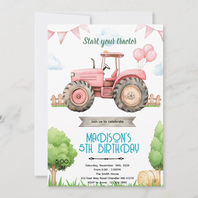 Pink tractor birthday party invitation (Devant)