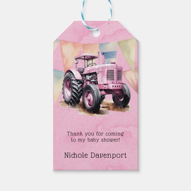 Pink Tractor Flag Girl Babydusche Danke Geschenkanhänger (Vorderseite)