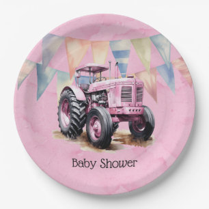 Pink Tractor Flag Wasserfarbe Girl Babydusche Pappteller