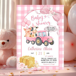 Pink Tractor Gingham Coquette Farm Baby Shower Einladung