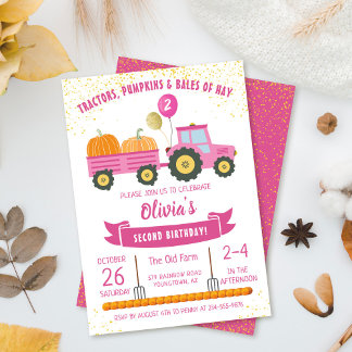 Pink Tractor Pumpkin Girls Herbst Geburtstag Einladung