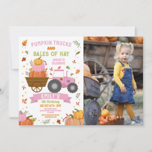 Pink Tractors Pumpkin Birthday Harvest Party Foto Einladung