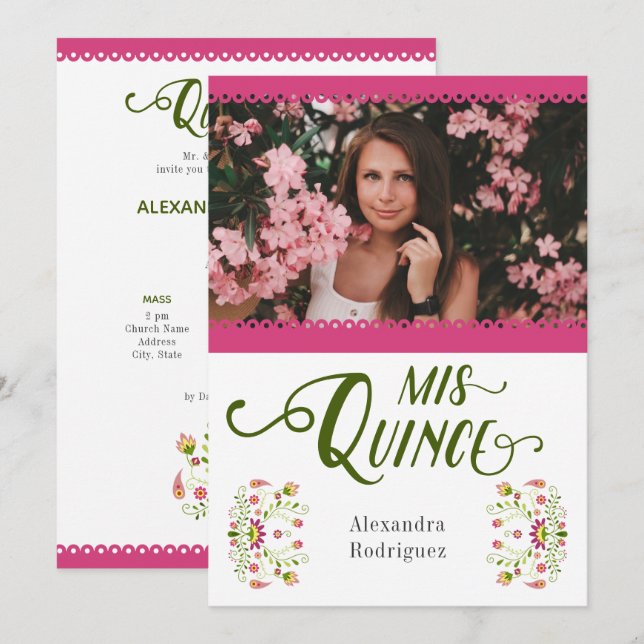 Pink Traditionelles mexikanisches Foto Quinceanera Einladung (Vorne/Hinten)