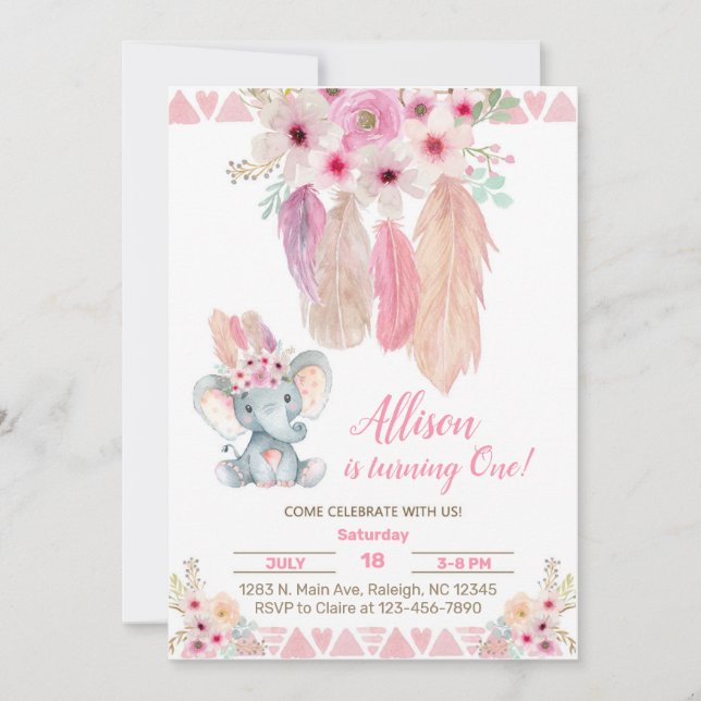Pink Traumfänger & Elefantenmädchen zum Geburtstag Einladung (Vorderseite)