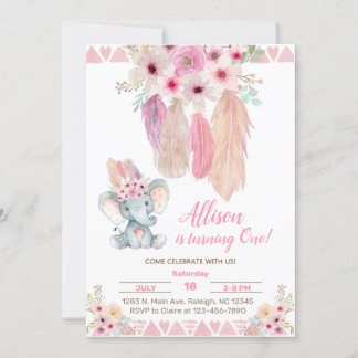 Pink Traumfänger & Elefantenmädchen zum Geburtstag Einladung