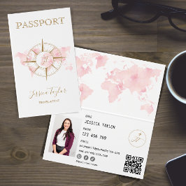 Pink Travel Agent Passport Weltkarte Foto einfügen Visitenkarten