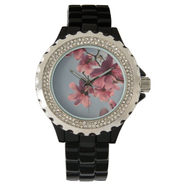 Pink Tree Blossom Foto Armbanduhr (Vorderseite)