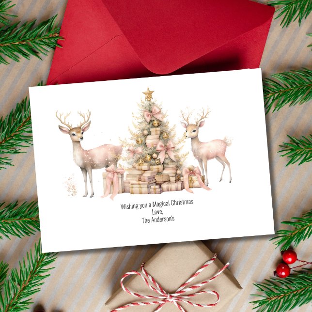 Pink Tree Deer Reindeer Boho Weihnachten (Pink Christmas Tree Reindeer Personalized Christmas Holiday Card. Printed Digital Instant Download)