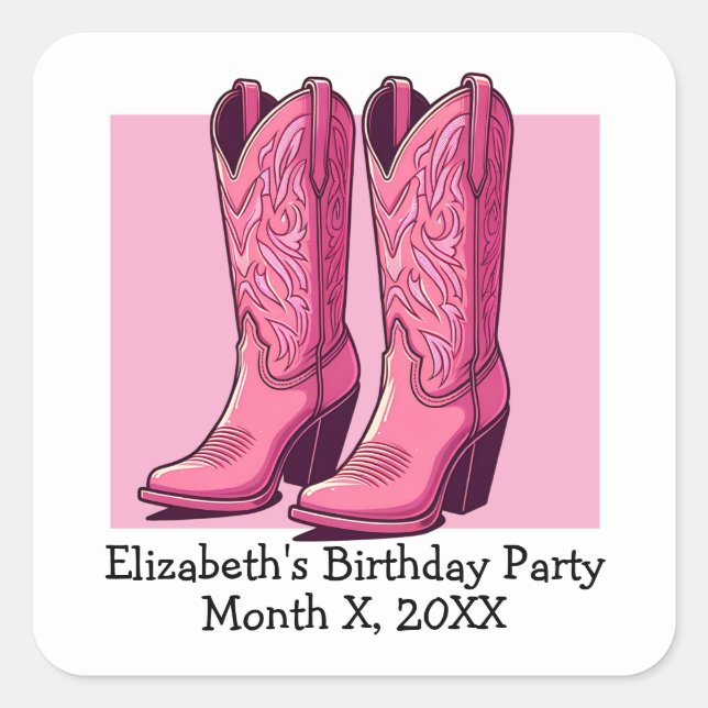 Pink Trendy Cowgirl Boots Girl Birthday Party Quadratischer Aufkleber (Vorderseite)