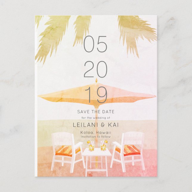 Pink Tropical Beach Stühle Save the Date Postkarte (Vorderseite)