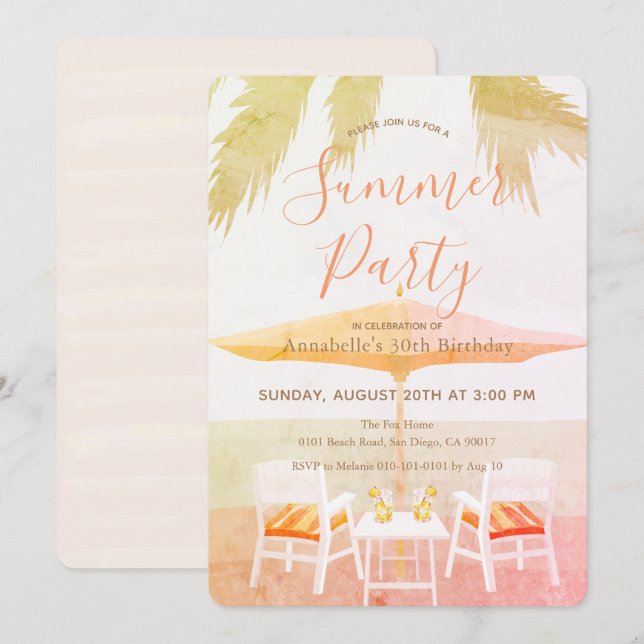 Pink Tropical Beach Summer Party Invitation (Devant / Derrière)