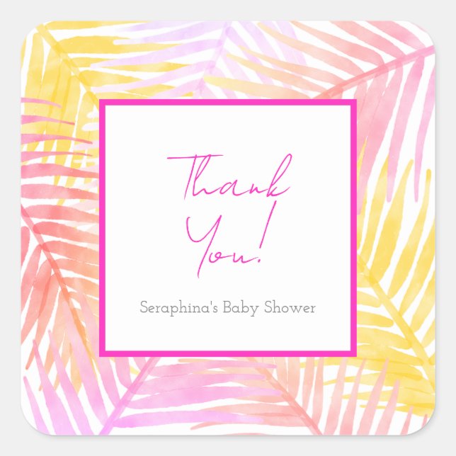 Pink Tropical Blätter Hawaiian Baby Shower Quadratischer Aufkleber (Vorderseite)