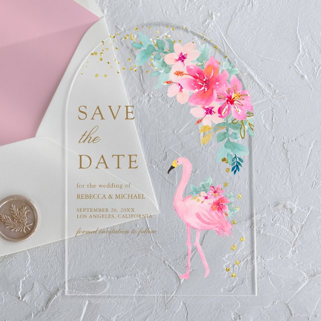 Pink Tropical Flamingo Wedding Save the Date Acryleinladungen (Von Creator hochgeladen)