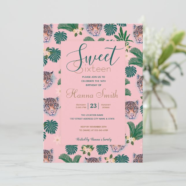 Pink Tropical Floral Foliage and Leopard Faces Einladung (Stehend Vorderseite)