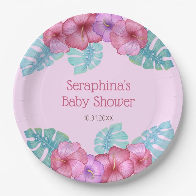 Pink Tropical Floral Hibiskus Babyduschpapier Pl Pappteller (Vorderseite)