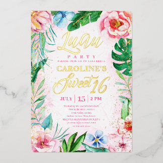 Pink Tropical Floral Luau Hawaiian 16 . Geburtstag Folieneinladung