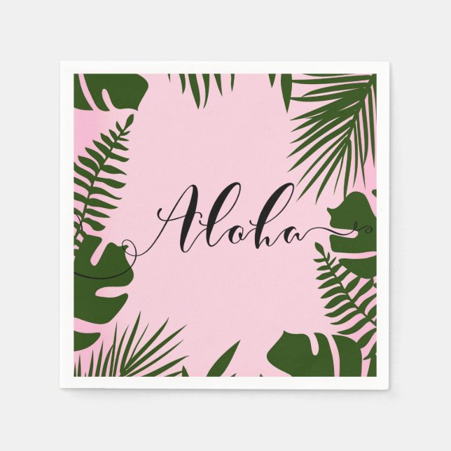 Pink Tropical Green Blätter Beach Summer Aloha Lua Serviette (Vorderseite)