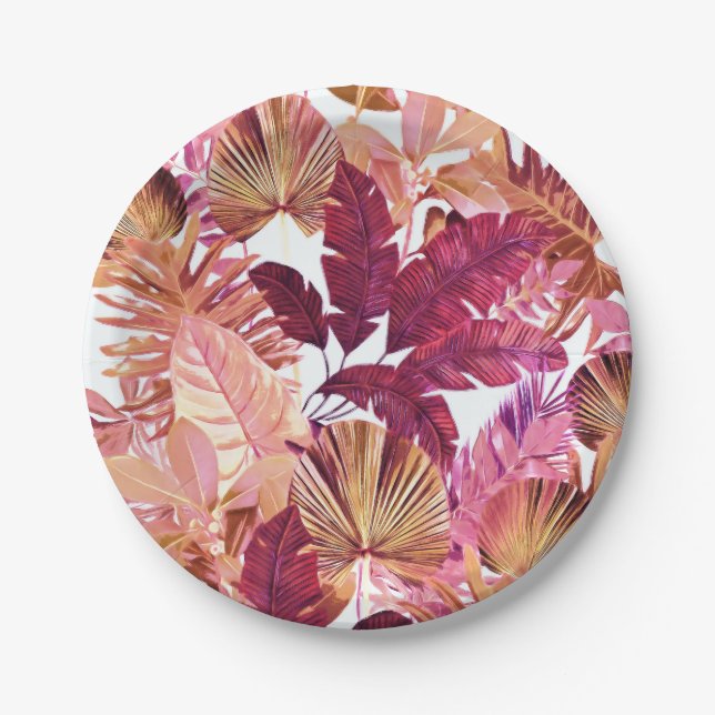 Pink Tropical Leaf Muster Papierplatte Pappteller (Vorderseite)