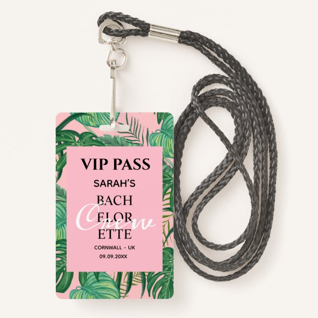 Pink Tropical Palm Junggeselinnen-Abschied VIP Pas Ausweis (Vorderseite mit Schlüsselband)