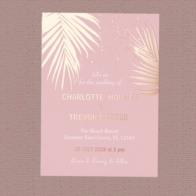 Pink Tropical Palms Summer Beach Hochzeit Gold Folieneinladung (Von Creator hochgeladen)