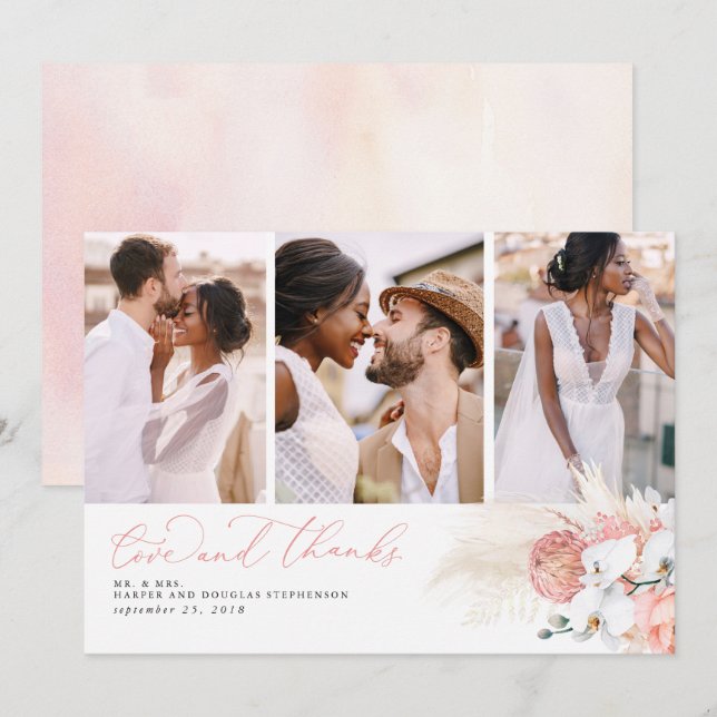Pink Tropical Pampas Grass Wedding Vielen Dank Dankeskarte (Vorne/Hinten)