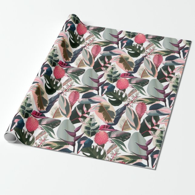 Pink Tropical Philodendron Houseplant Muster Geschenkpapier (Ungerollt)