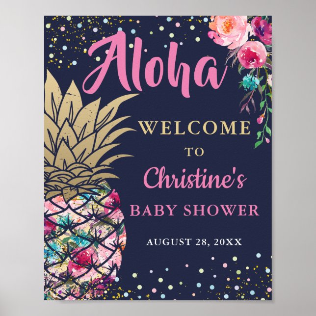 Pink Tropical Pineapa Navy Blue Baby Dusche Poster (Vorne)