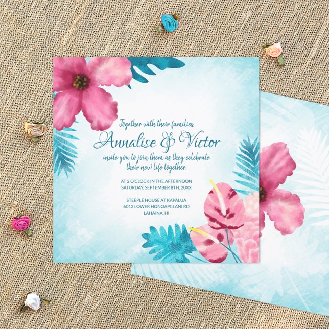 Pink Tropical Turquoise Hibiscus Faire-part de mar (turquoise and pink tropical wedding invitation card, pink Hawaiian hibiscus and gumdrop flowers)