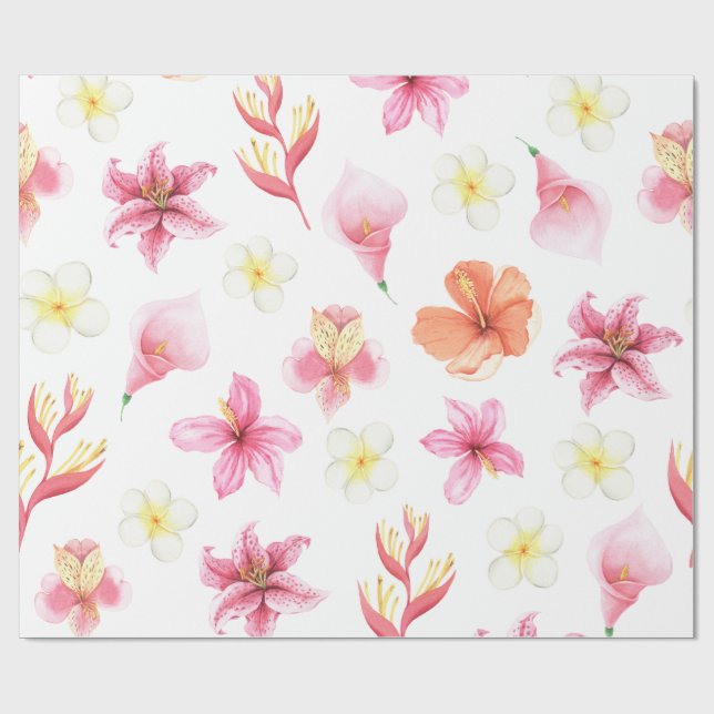 Pink Tropical Watercolor Floral Pattern Geschenkpapier (Flach)